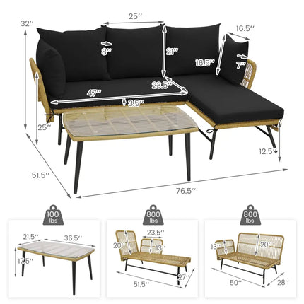 3 Pieces L-Shaped Patio Sofa with Cushions and Tempered Glass Table-Black - Black - Patio Conversation Sets