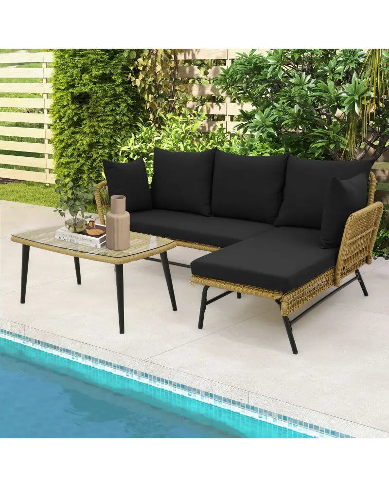 3 Pieces L-Shaped Patio Sofa with Cushions and Tempered Glass Table-Black - Black - Patio Conversation Sets