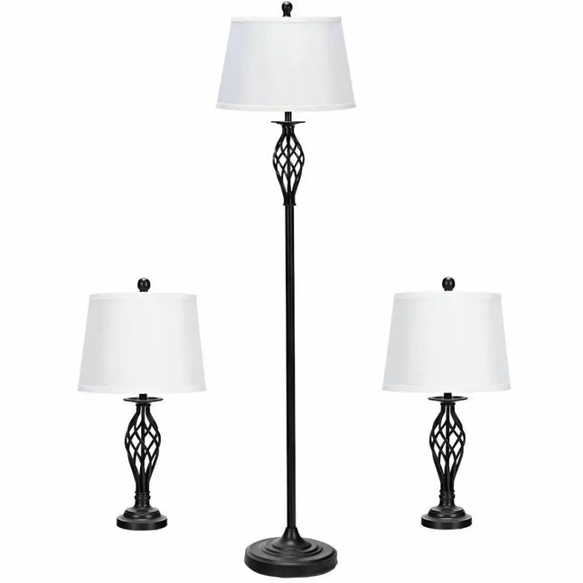 3 Pieces Lamp Set 2 Table Lamps 1 Floor Lamp with Fabric Shades - White - Table & Floor Lamps