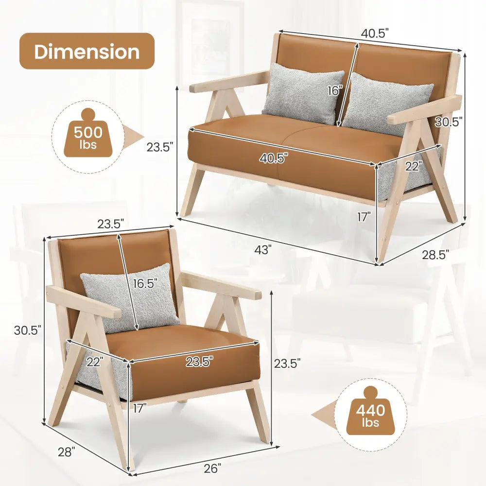 3 Pieces Living Room Furniture Set with Rubber Wood Frame-Brown - Brown - Sofas & Loveseats