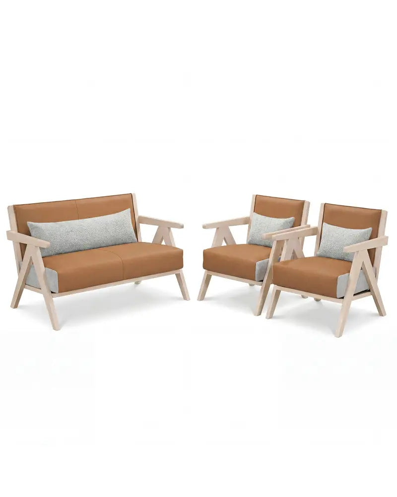 3 Pieces Living Room Furniture Set with Rubber Wood Frame-Brown - Brown - Sofas & Loveseats