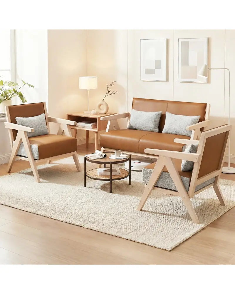 3 Pieces Living Room Furniture Set with Rubber Wood Frame-Brown - Brown - Sofas & Loveseats