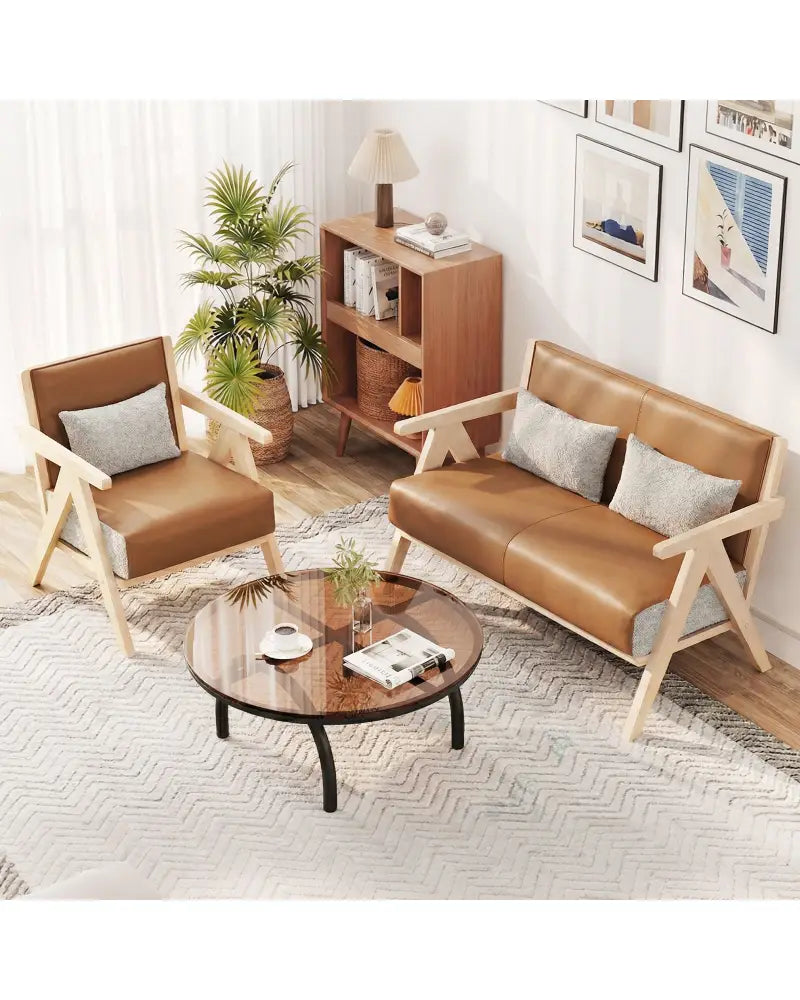 3 Pieces Living Room Furniture Set with Rubber Wood Frame-Brown - Brown - Sofas & Loveseats