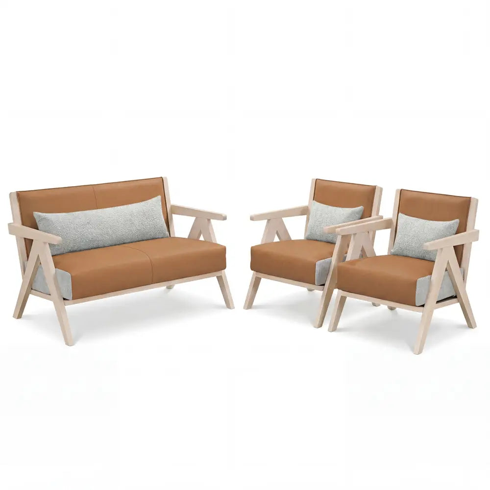 3 Pieces Living Room Furniture Set with Rubber Wood Frame-Brown - Brown - Sofas & Loveseats