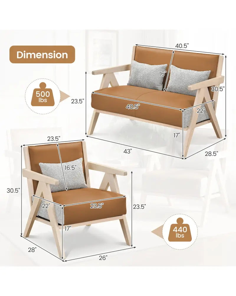3 Pieces Living Room Furniture Set with Rubber Wood Frame-Brown - Brown - Sofas & Loveseats
