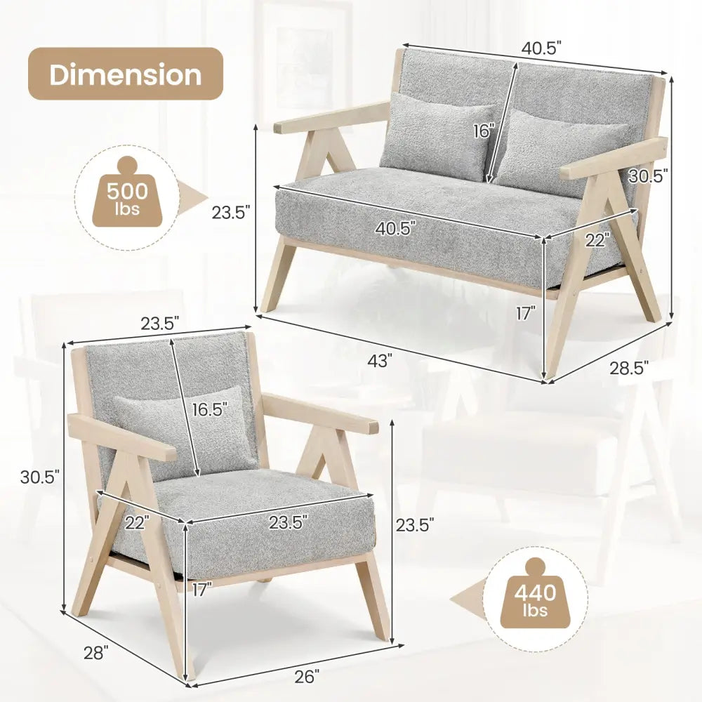 3 Pieces Living Room Furniture Set with Rubber Wood Frame-Gray - Gray - Sofas & Loveseats