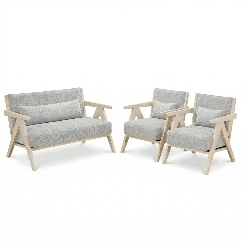 3 Pieces Living Room Furniture Set with Rubber Wood Frame-Gray - Gray - Sofas & Loveseats