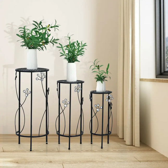3 Pieces Metal Plant Stand Set with Crystal Floral Accents Round-Black - Black - Plant Stands
