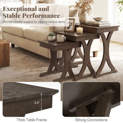 3 Pieces Nesting Coffee Table Side Table with Solid Rubber Wood Legs-Brown Costway