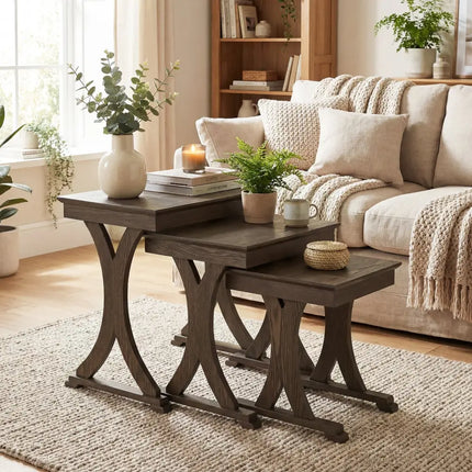 3 Pieces Nesting Coffee Table Side Table with Solid Rubber Wood Legs-Brown Costway