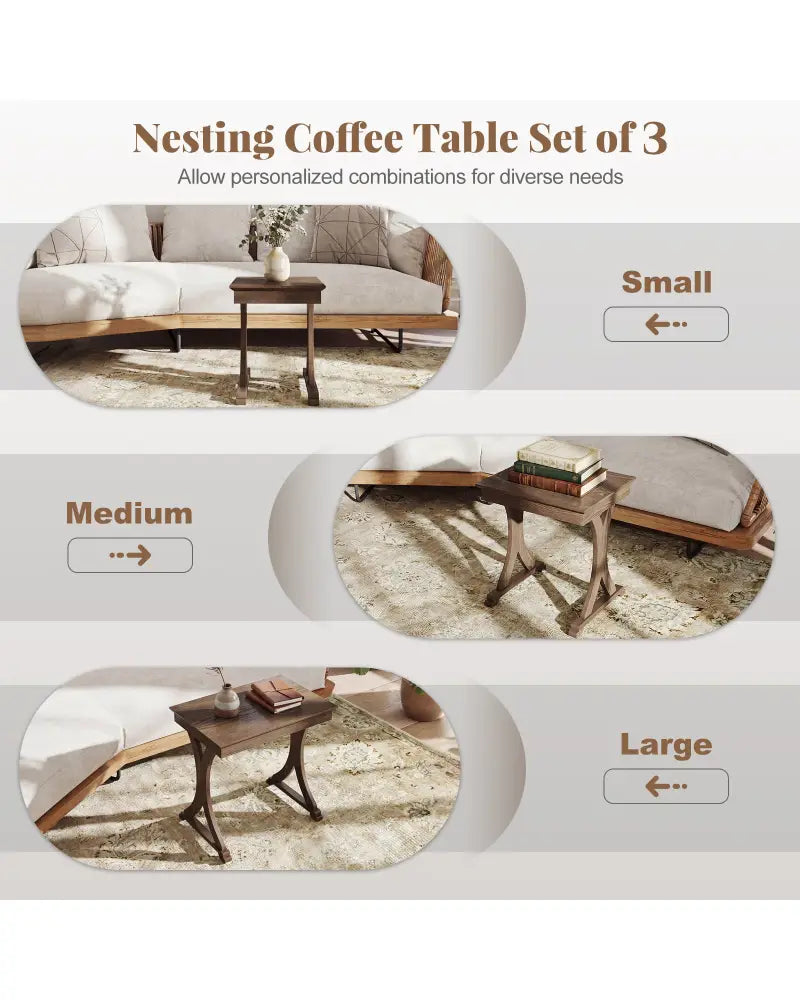 3 Pieces Nesting Coffee Table Side Table with Solid Rubber Wood Legs-Brown - Brown - End & Side Tables