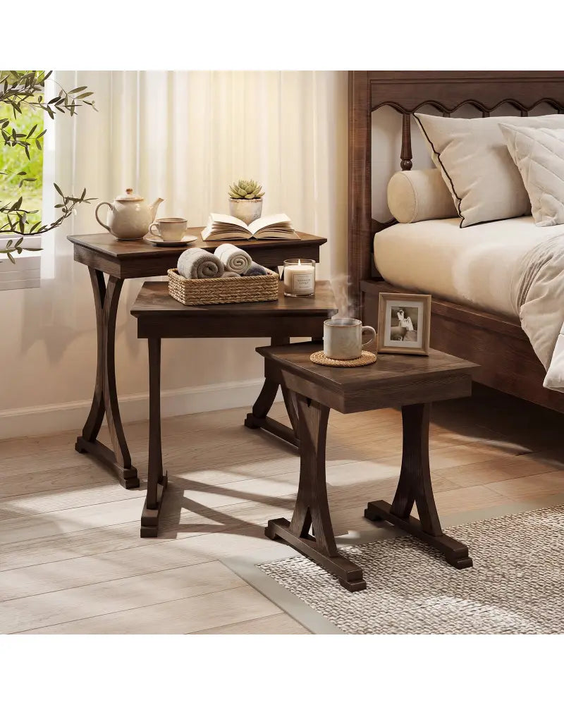 3 Pieces Nesting Coffee Table Side Table with Solid Rubber Wood Legs-Brown - Brown - End & Side Tables