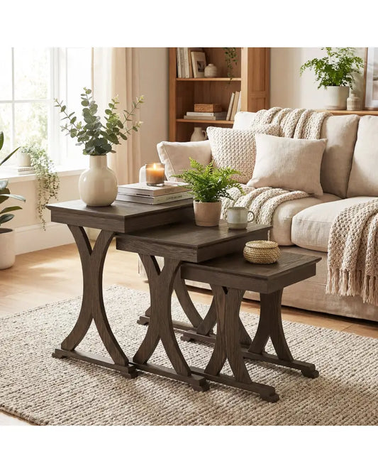 3 Pieces Nesting Coffee Table Side Table with Solid Rubber Wood Legs-Brown - Brown - End & Side Tables