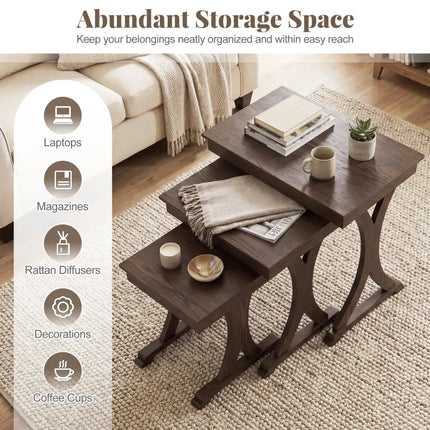 3 Pieces Nesting Coffee Table Side Table with Solid Rubber Wood Legs-Brown Costway