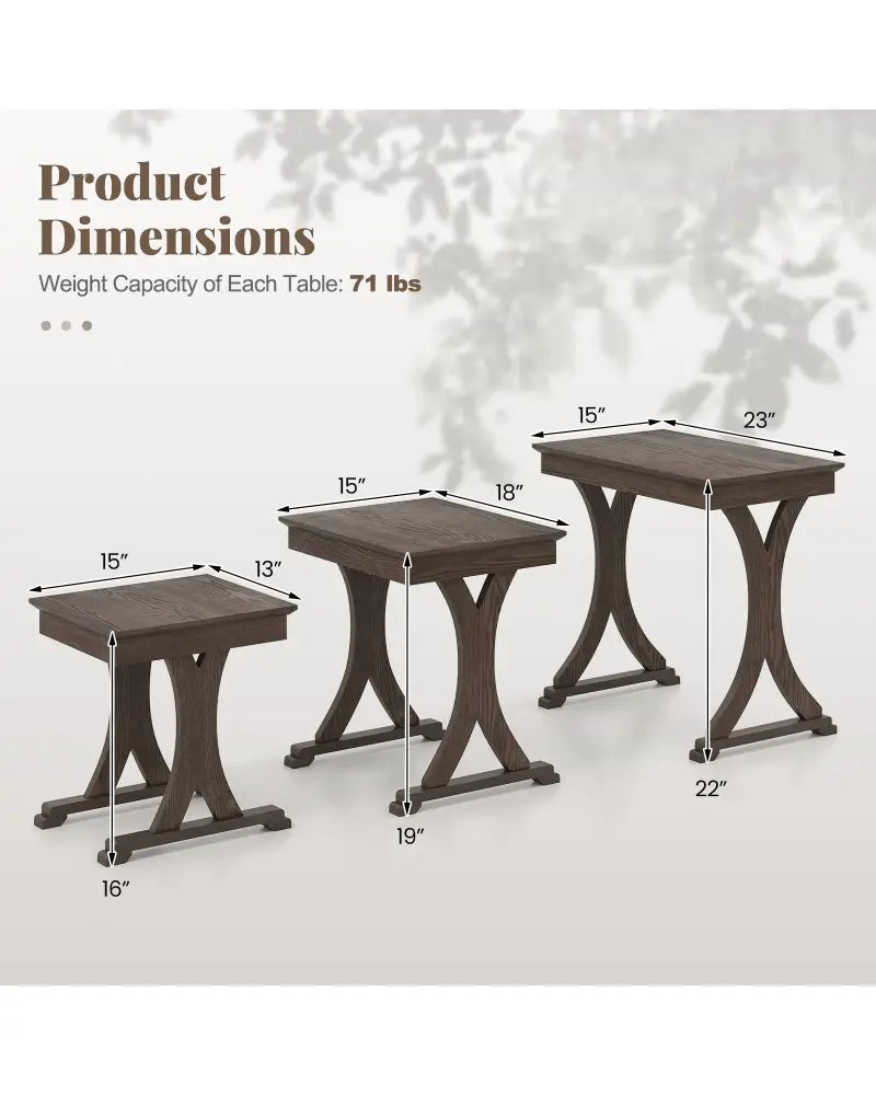 3 Pieces Nesting Coffee Table Side Table with Solid Rubber Wood Legs-Brown - Brown - End & Side Tables