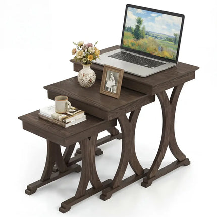 3 Pieces Nesting Coffee Table Side Table with Solid Rubber Wood Legs-Brown Costway