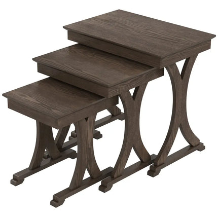 3 Pieces Nesting Coffee Table Side Table with Solid Rubber Wood Legs-Brown Costway