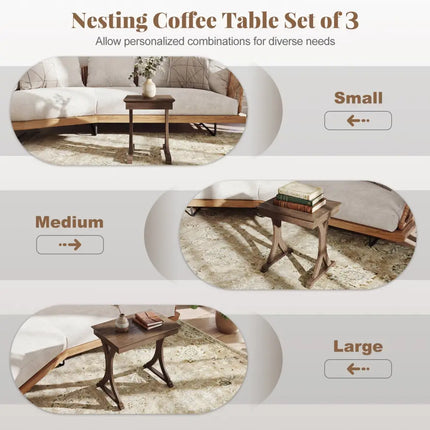 3 Pieces Nesting Coffee Table Side Table with Solid Rubber Wood Legs-Brown Costway