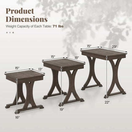 3 Pieces Nesting Coffee Table Side Table with Solid Rubber Wood Legs-Brown Costway