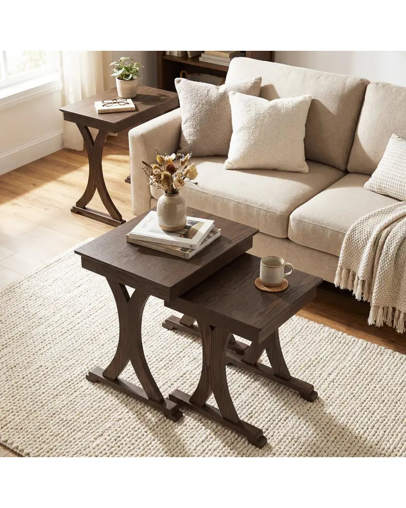 3 Pieces Nesting Coffee Table Side Table with Solid Rubber Wood Legs-Brown - Brown - End & Side Tables