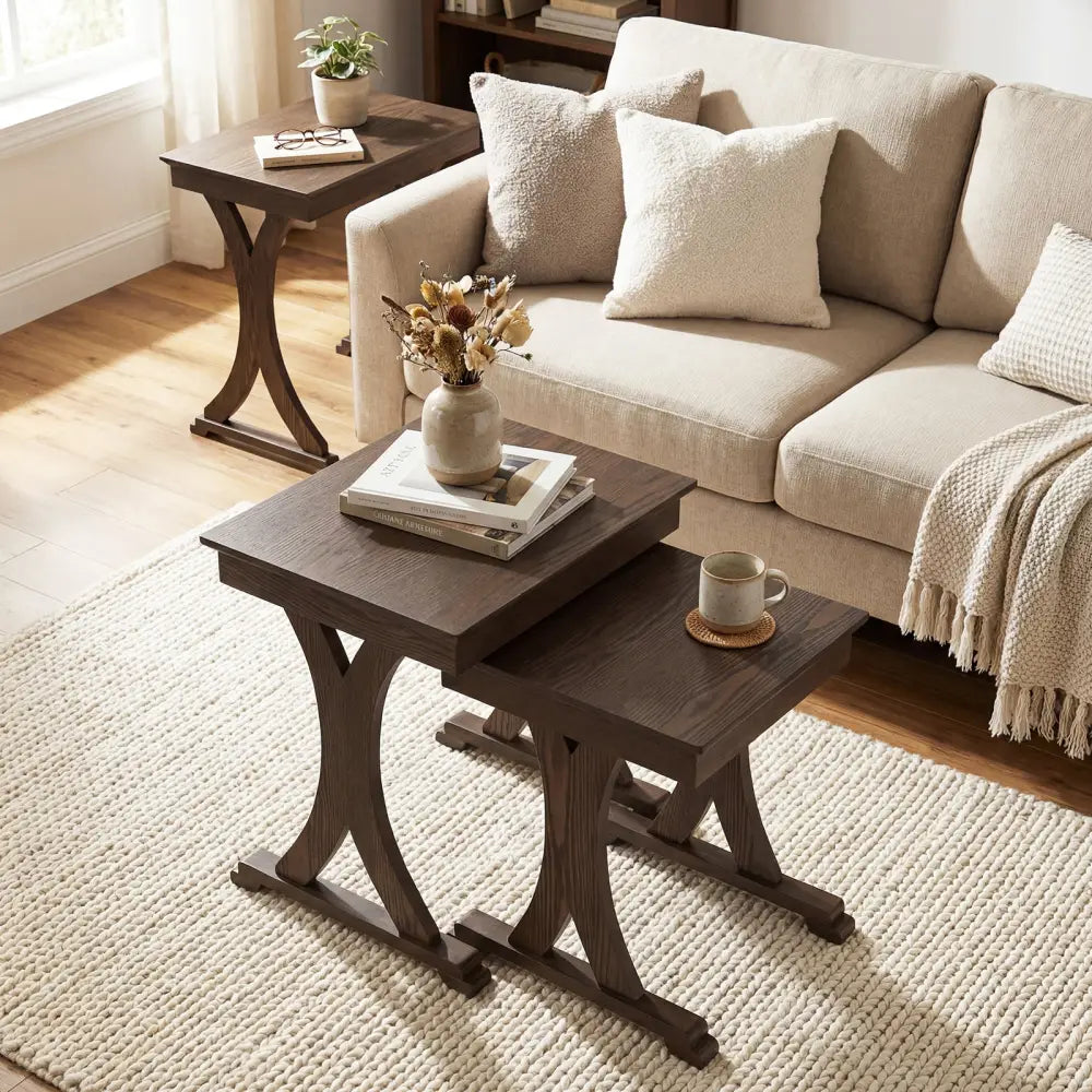 3 Pieces Nesting Coffee Table Side Table with Solid Rubber Wood Legs-Brown - Brown - End & Side Tables