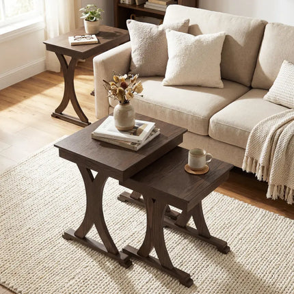 3 Pieces Nesting Coffee Table Side Table with Solid Rubber Wood Legs-Brown Costway