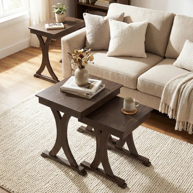 3 Pieces Nesting Coffee Table Side Table with Solid Rubber Wood Legs-Brown Costway