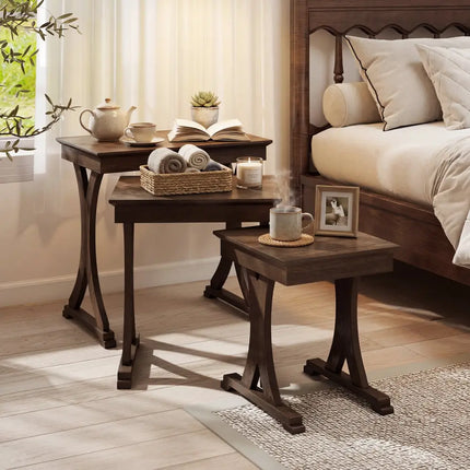 3 Pieces Nesting Coffee Table Side Table with Solid Rubber Wood Legs-Brown Costway