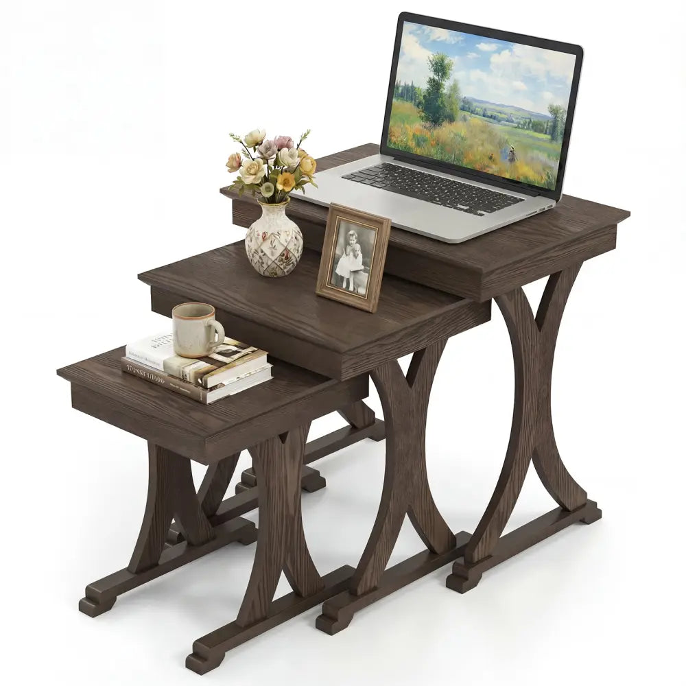 3 Pieces Nesting Coffee Table Side Table with Solid Rubber Wood Legs-Brown - Brown - End & Side Tables