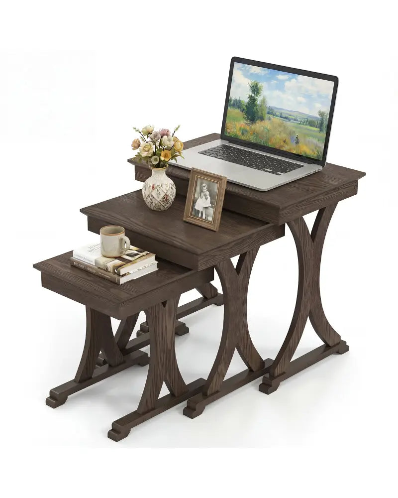 3 Pieces Nesting Coffee Table Side Table with Solid Rubber Wood Legs-Brown - Brown - End & Side Tables
