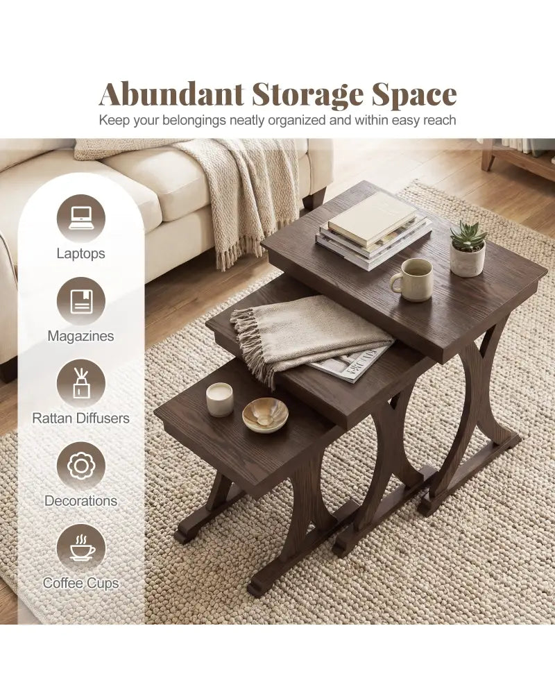3 Pieces Nesting Coffee Table Side Table with Solid Rubber Wood Legs-Brown - Brown - End & Side Tables