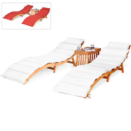 3 Pieces of Wooden Folding Patio Lounge Chair Table Set - Red - Patio Conversation Sets