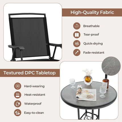 3 Pieces Outdoor Bar Stool Set with DPC Tabletop and Umbrella Hole for Poolside-Black - Black - Patio Conversation Sets