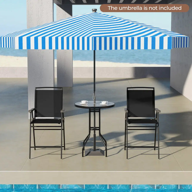 3 Pieces Outdoor Bar Stool Set with DPC Tabletop and Umbrella Hole for Poolside-Black - Black - Patio Conversation Sets
