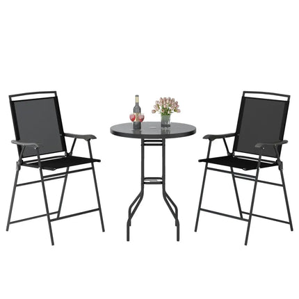 3 Pieces Outdoor Bar Stool Set with DPC Tabletop and Umbrella Hole for Poolside-Black - Black - Patio Conversation Sets