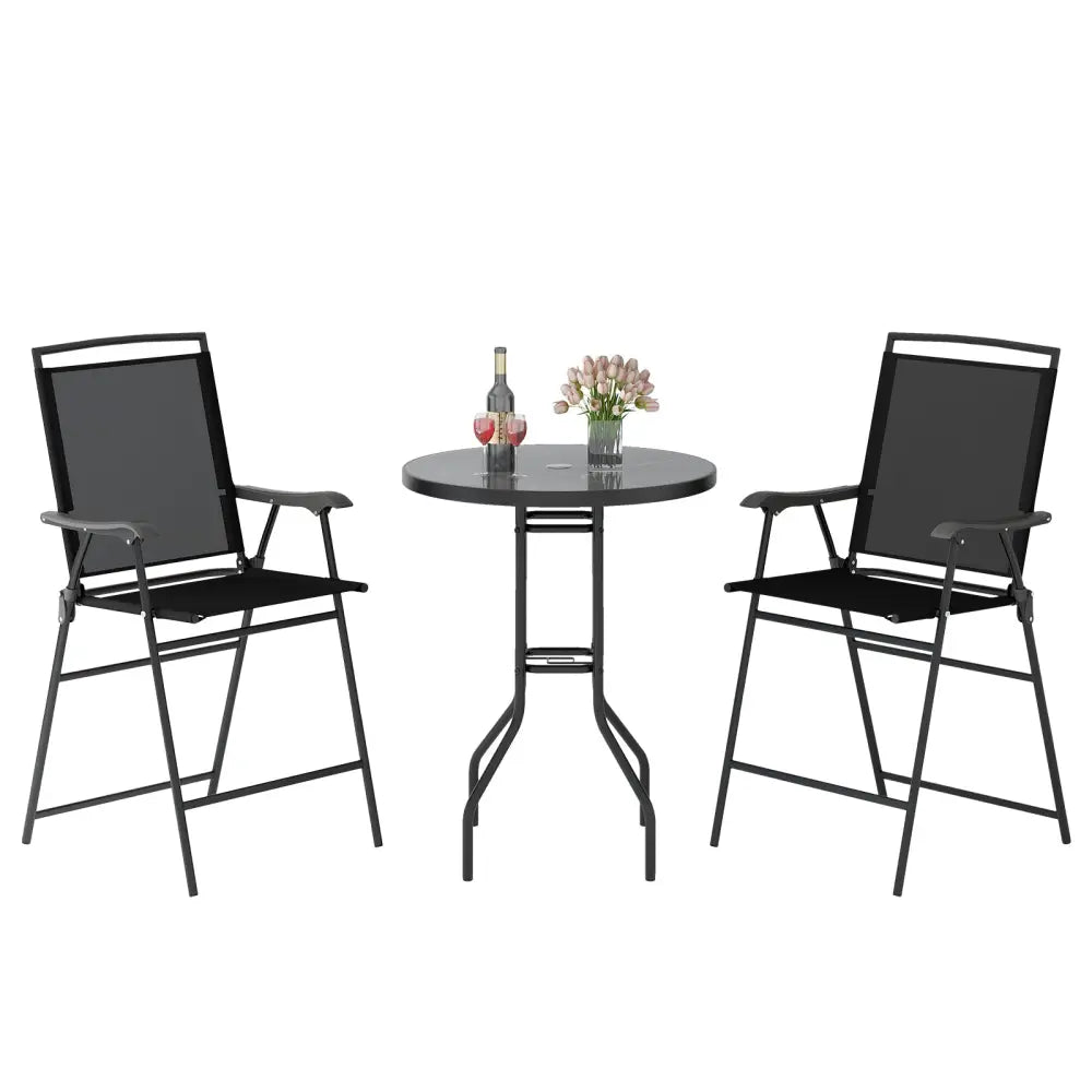 3 Pieces Outdoor Bar Stool Set with DPC Tabletop and Umbrella Hole for Poolside-Black - Black - Patio Conversation Sets