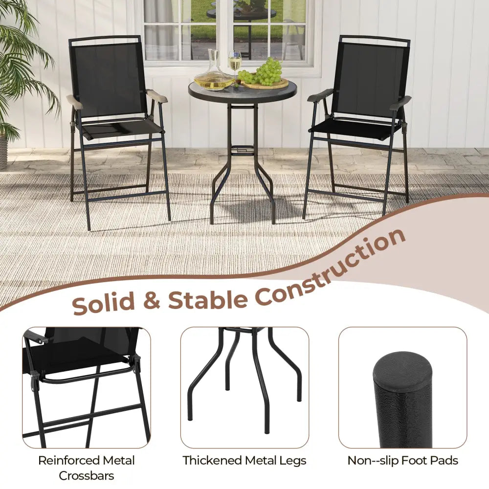 3 Pieces Outdoor Bar Stool Set with DPC Tabletop and Umbrella Hole for Poolside-Black - Black - Patio Conversation Sets
