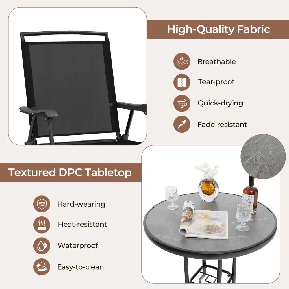 3 Pieces Outdoor Bar Stool Set with DPC Tabletop and Umbrella Hole for Poolside-Black - Black - Patio Conversation Sets