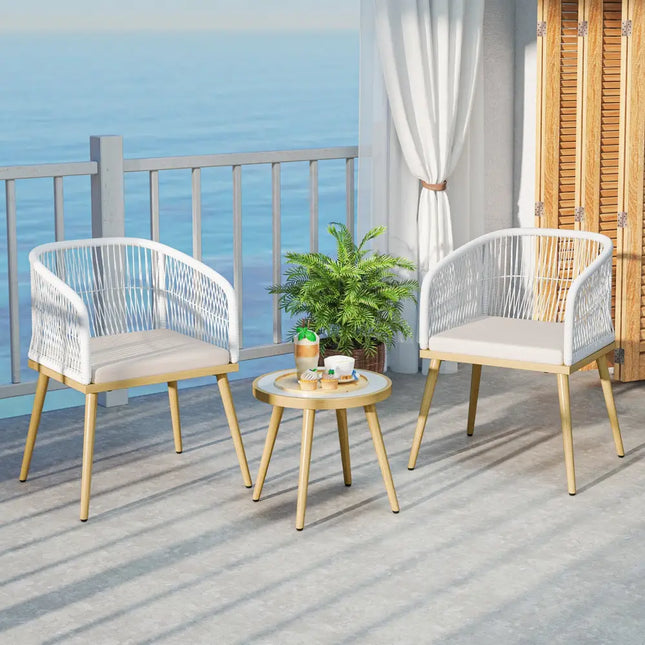 3 Pieces Outdoor Bistro PE Wicker Conversation Furniture Set-White - White - Patio Conversation Sets