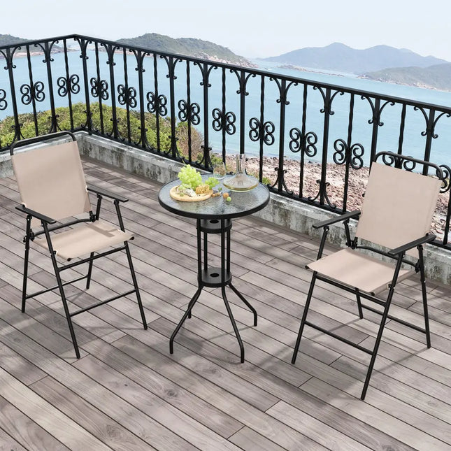 3 Pieces Outdoor Bistro Set with 2 Folding Chairs-Beige - Beige - Patio Conversation Sets