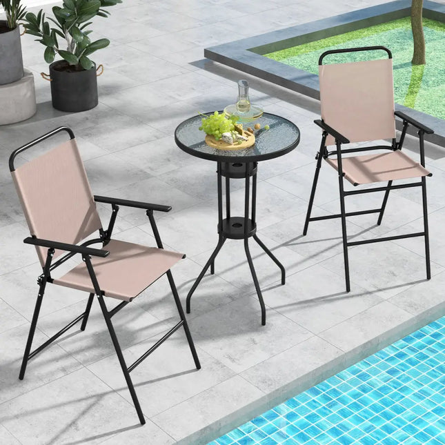 3 Pieces Outdoor Bistro Set with 2 Folding Chairs-Beige - Beige - Patio Conversation Sets