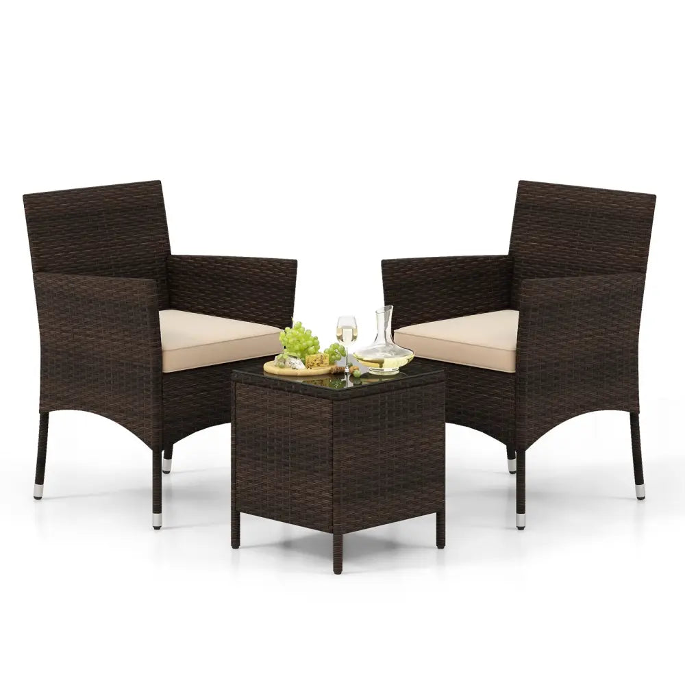 3 Pieces Outdoor Conversation Set with Cushioned Seat and Glass Tabletop-Beige - Beige - Patio Conversation Sets