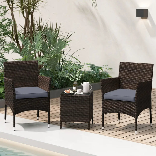 3 Pieces Outdoor Conversation Set with Cushioned Seat and Glass Tabletop-Gray - Gray - Patio Conversation Sets