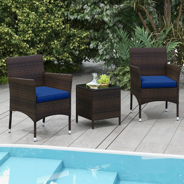 3 Pieces Outdoor Conversation Set with Cushioned Seat and Glass Tabletop-Navy - Navy - Patio Conversation Sets