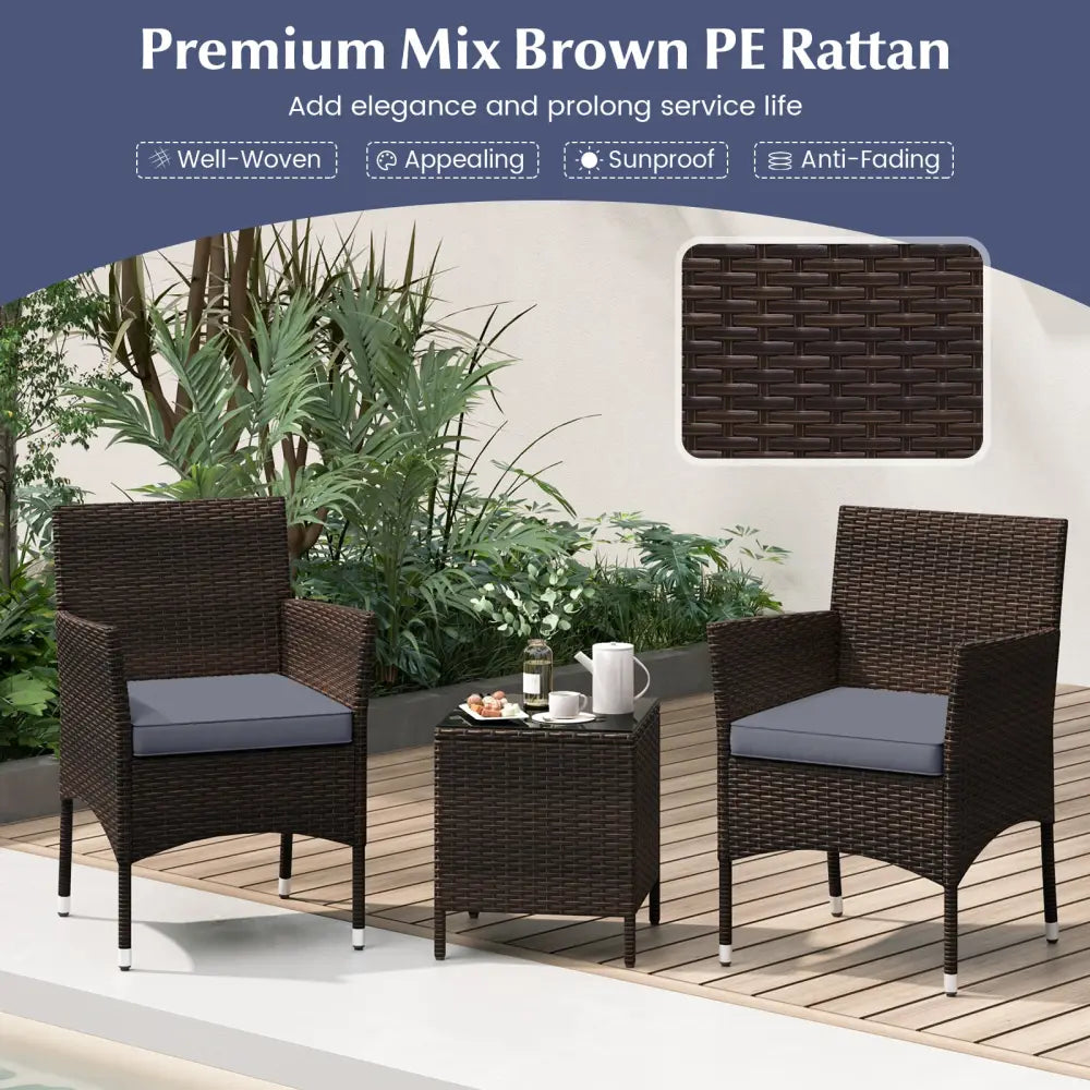 3 Pieces Outdoor Conversation Set with Cushioned Seat and Glass Tabletop-Gray - Gray - Patio Conversation Sets