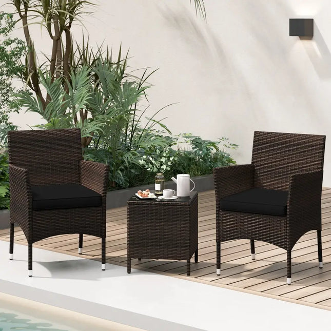 3 Pieces Outdoor Conversation Set with Cushioned Seat and Glass Tabletop-Black - Black - Patio Conversation Sets