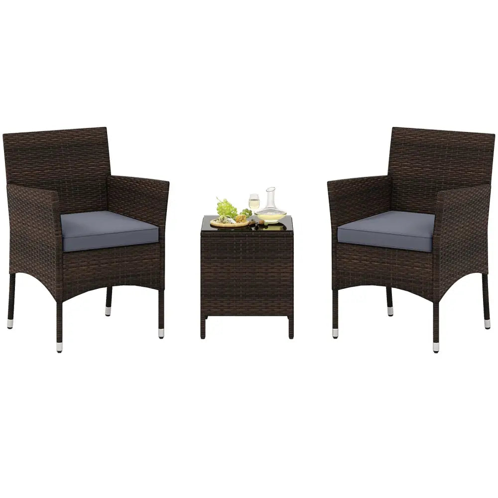 3 Pieces Outdoor Conversation Set with Cushioned Seat and Glass Tabletop-Gray - Gray - Patio Conversation Sets