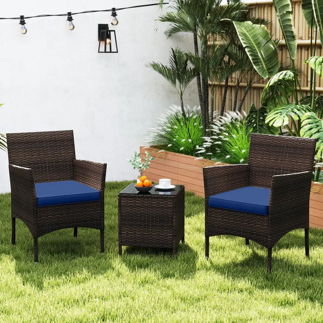 3 Pieces Outdoor Conversation Set with Cushioned Seat and Glass Tabletop-Navy - Navy - Patio Conversation Sets