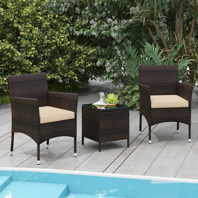 3 Pieces Outdoor Conversation Set with Cushioned Seat and Glass Tabletop-Beige - Beige - Patio Conversation Sets
