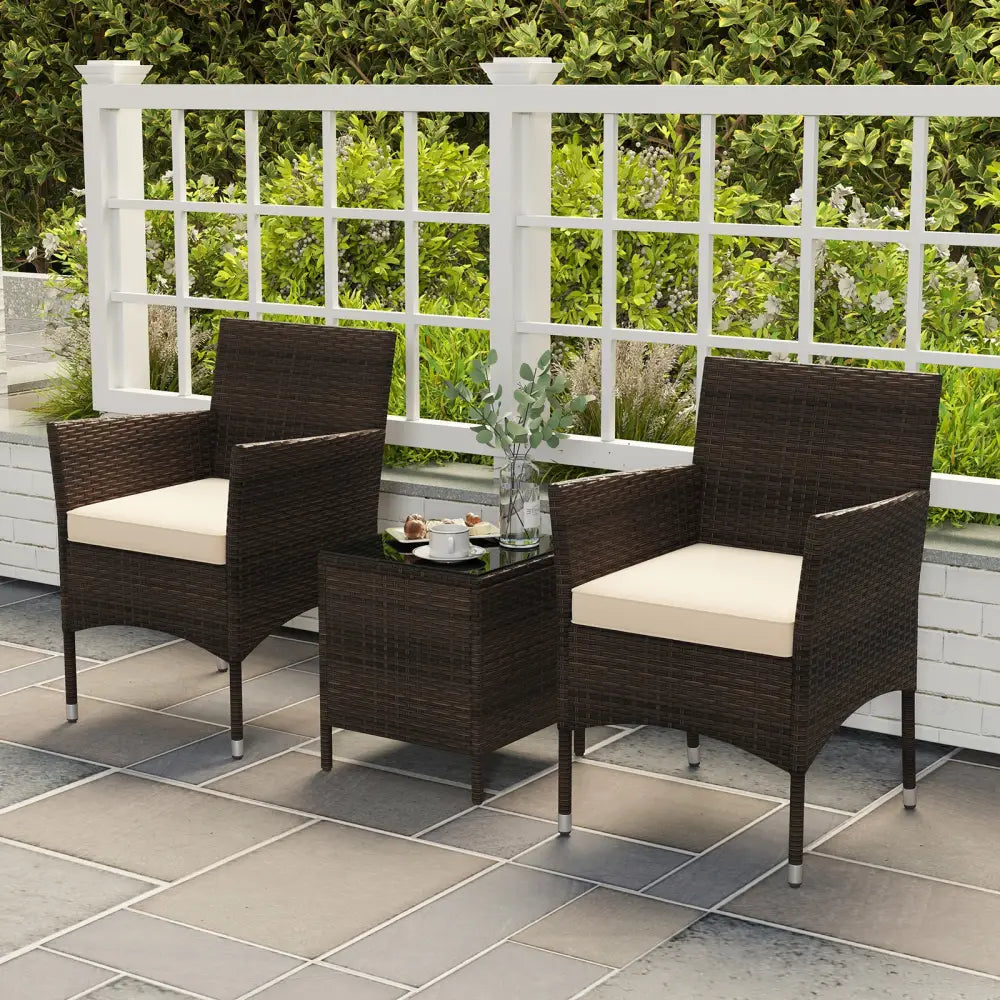 3 Pieces Outdoor Conversation Set with Cushioned Seat and Glass Tabletop-Beige - Beige - Patio Conversation Sets